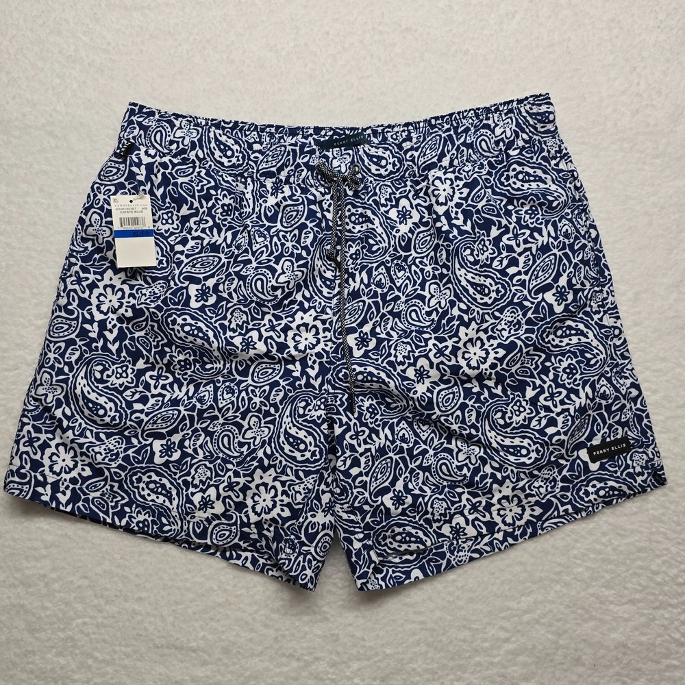 Perry Ellis Swim Trunks‎ Size XL Blue White Paisley Print Quick Dry Beachwear